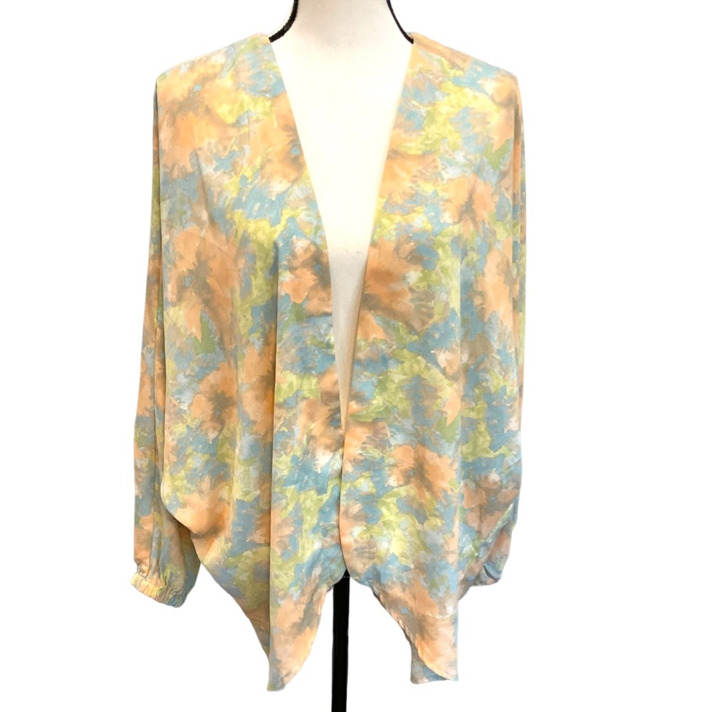 Kori America Womens Kimono Top Sz Small Long Sleeve Blue Peach Green Open Front
